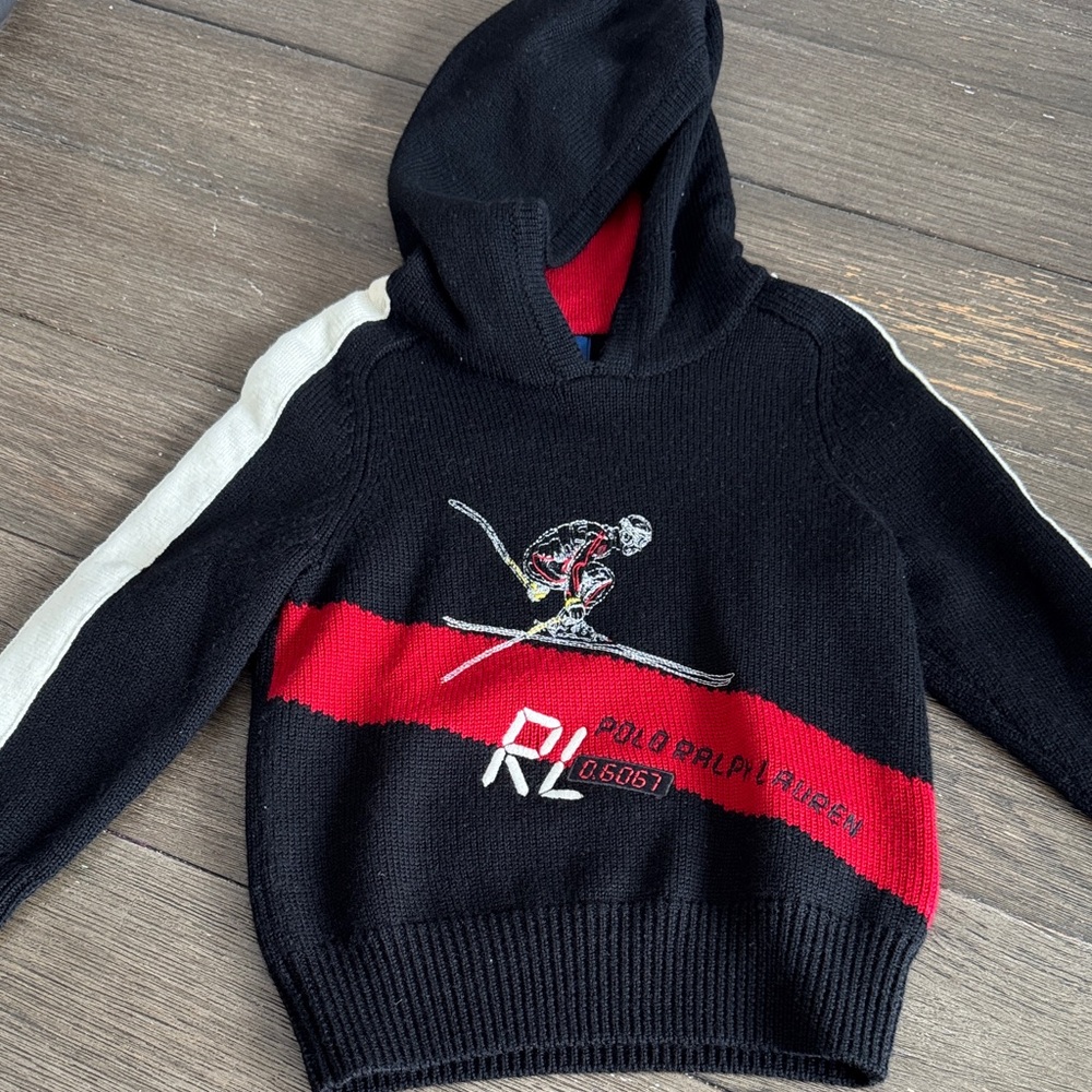 Ralph Lauren Black Hoodie with Red Stripe and Skier Motif